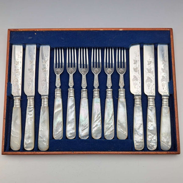1890年頃 英国アンティーク 白蝶貝ハンドル デザートカトラリー6ペア Mappin&Webb トレー入