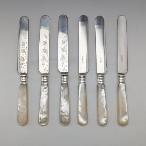 1890年頃 英国アンティーク 白蝶貝ハンドル デザートカトラリー6ペア Mappin&Webb トレー入