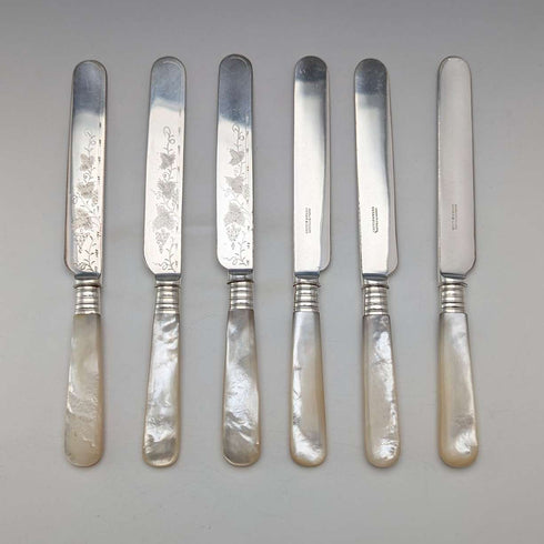 1890年頃 英国アンティーク 白蝶貝ハンドル デザートカトラリー6ペア Mappin&Webb トレー入