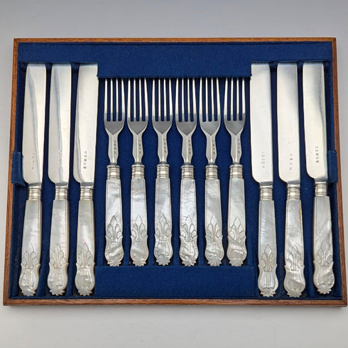 Circa 1860 British antique carved mother-of-pearl handle dessert cutlery 6 pairs TBNA with tray