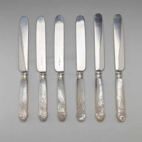 Circa 1860 British antique carved mother-of-pearl handle dessert cutlery 6 pairs TBNA with tray