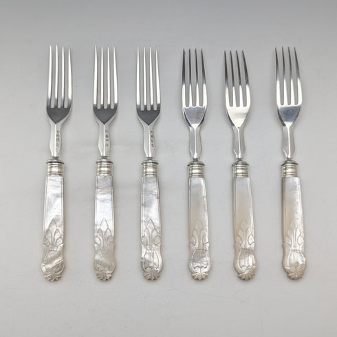 Circa 1860 British antique carved mother-of-pearl handle dessert cutlery 6 pairs TBNA with tray