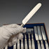 Circa 1860 British antique carved mother-of-pearl handle dessert cutlery 6 pairs TBNA with tray