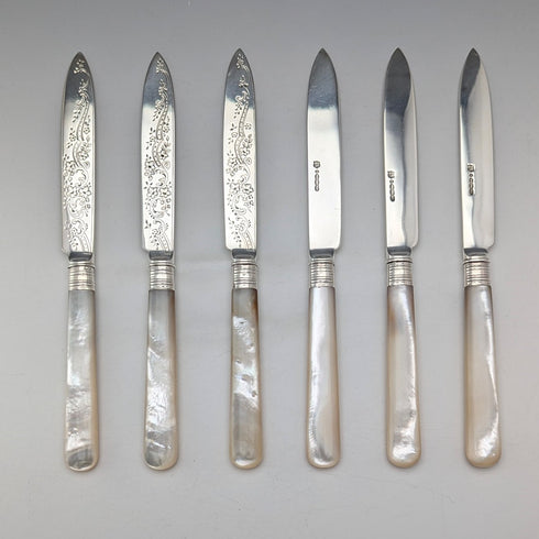Circa 1903 British Antique White Mother of Pearl Handle Dessert Cutlery Pair of 6 Elkington with Tray