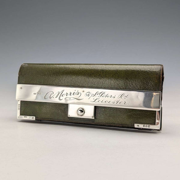 1898 British antique sterling silver decorated small leather wallet with coin purse GH James & Co.