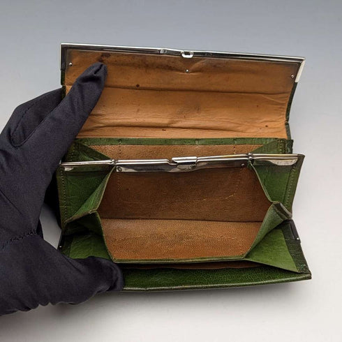 1898 British antique sterling silver decorated small leather wallet with coin purse GH James & Co.