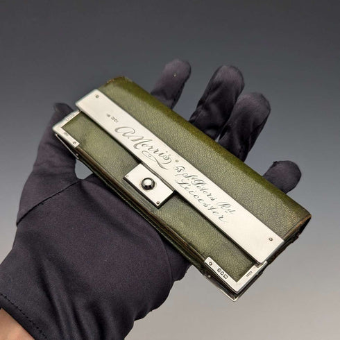 1898 British antique sterling silver decorated small leather wallet with coin purse GH James & Co.