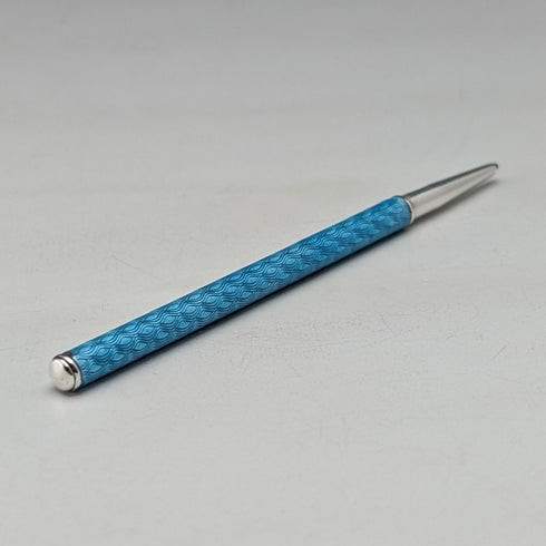 Vintage Sterling Silver & Blue Guilloche Enamel Mini Push-Pull Pencil