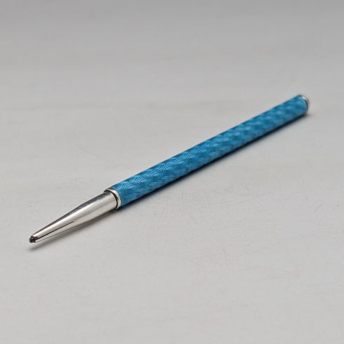 Vintage Sterling Silver & Blue Guilloche Enamel Mini Push-Pull Pencil