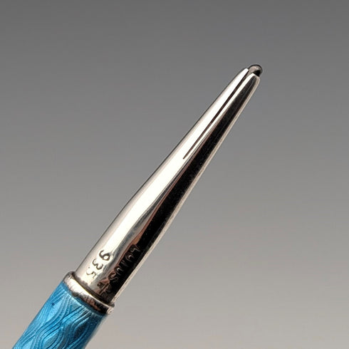 Vintage Sterling Silver & Blue Guilloche Enamel Mini Push-Pull Pencil