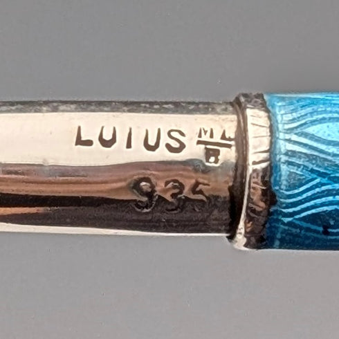 Vintage Sterling Silver & Blue Guilloche Enamel Mini Push-Pull Pencil