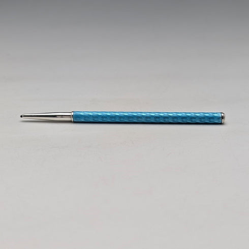 Vintage Sterling Silver & Blue Guilloche Enamel Mini Push-Pull Pencil