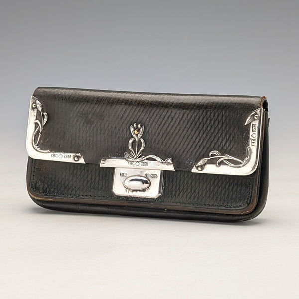 1905年頃 ドイツアンティーク 純銀装飾 小型革財布 グリーンレザー 小銭入れ S.D