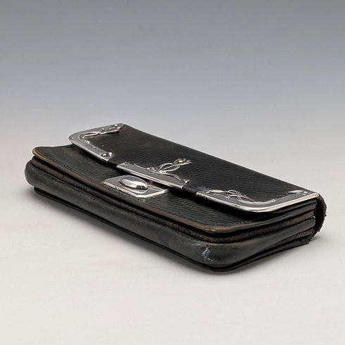 Circa 1905 German antique sterling silver decorated small leather wallet, green leather coin purse SD