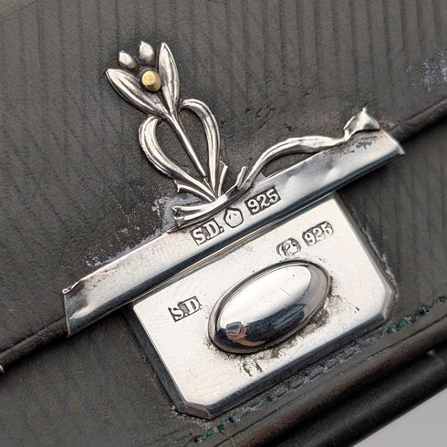 約 1905 年德國古董純銀裝飾小號皮革皮夾綠色皮革零錢包 SD