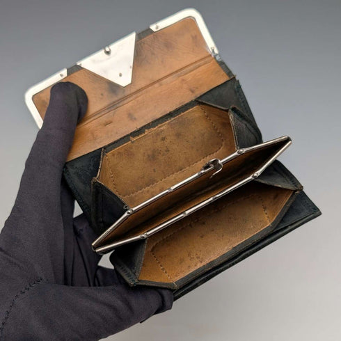 Circa 1905 German antique sterling silver decorated small leather wallet, green leather coin purse SD