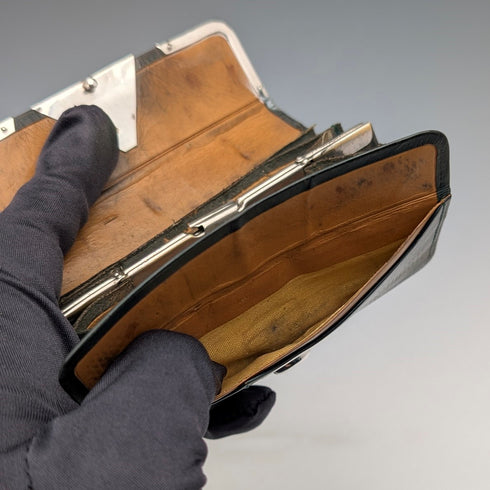 約 1905 年德國古董純銀裝飾小號皮革皮夾綠色皮革零錢包 SD