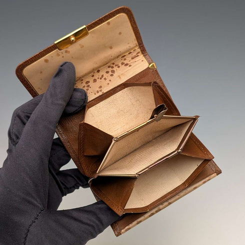 British vintage green leather small wallet with coin purse and gold plated decoration