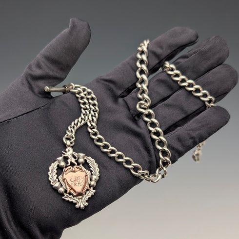 1910年頃 英国アンティーク 純銀製アルバートチェーン 52g 純銀エンブレムフォブ