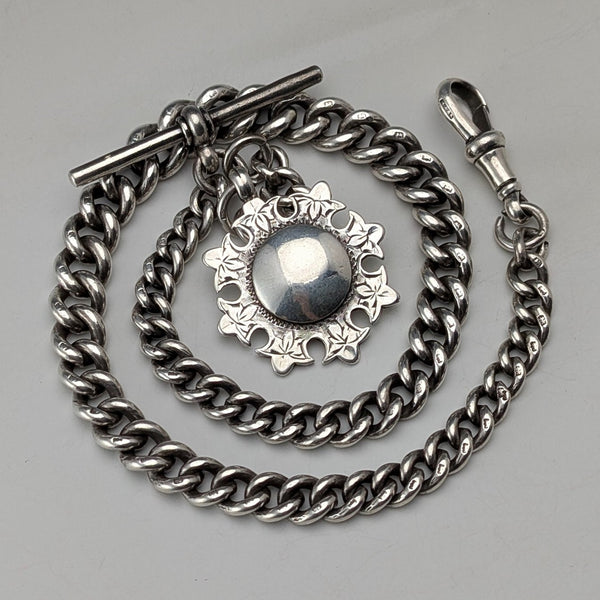 Circa 1910 British antique sterling silver Albert chain, 51g sterling silver medal fob