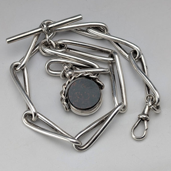 Circa 1900 British antique sterling silver Albert chain, 51g, two-tone natural stone swivel fob