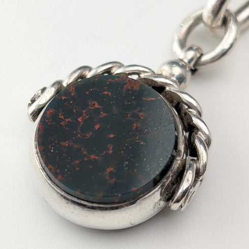 1900年頃 英国アンティーク 純銀製アルバートチェーン 51g 2色天然石回転フォブ