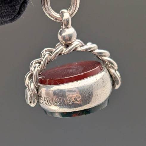 1900年頃 英国アンティーク 純銀製アルバートチェーン 51g 2色天然石回転フォブ