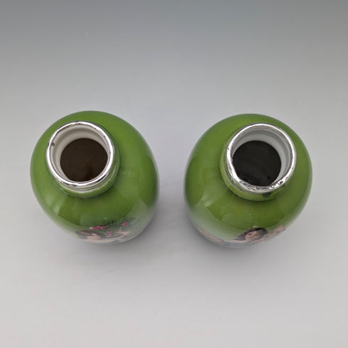 1910年 英国アンティーク 陶器製 女性絵付け 花瓶ペア 純銀装飾