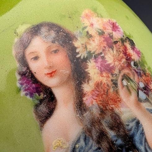 1910年 英国アンティーク 陶器製 女性絵付け 花瓶ペア 純銀装飾