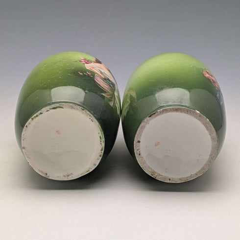 1910 British antique ceramic woman painted flower vase pair with pure silver decoration