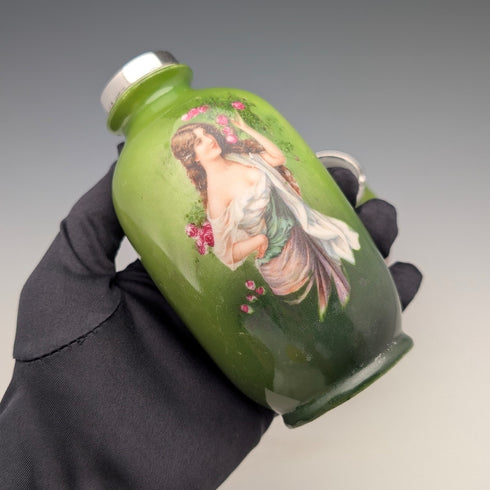 1910年 英国アンティーク 陶器製 女性絵付け 花瓶ペア 純銀装飾