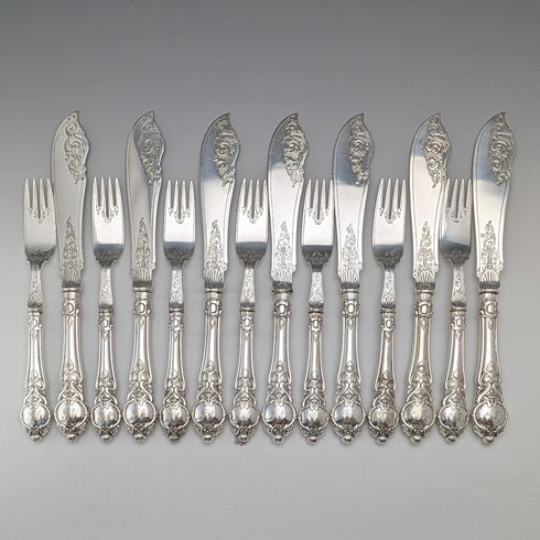 Late 19th Century British Antique Silver Plate Handle Cutlery 7 Pair by John Gilbert