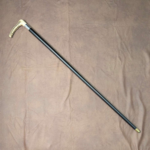 1914 British antique black shaft L-shaped antler handle pure silver decorated walking stick 88cm