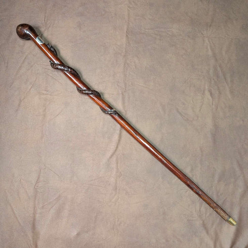 Vintage Snake Decorated Brown Shaft Knob Handle Walking Stick Cane 90cm
