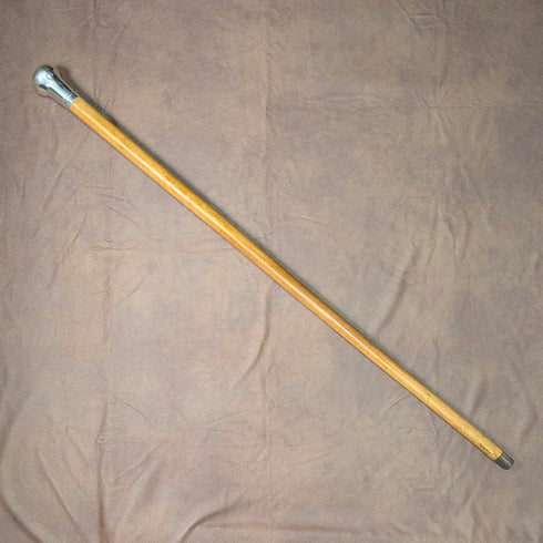 1917 British antique thick tan shaft pure silver round handle walking stick 90cm