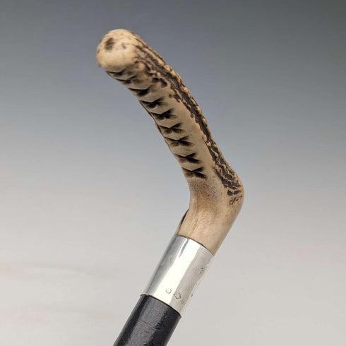 1914 British antique black shaft L-shaped antler handle pure silver decorated walking stick 88cm