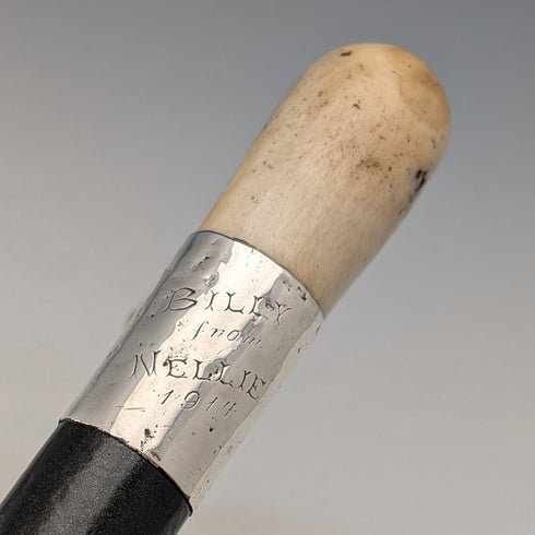 1914年 英国アンティーク ブラックシャフト L字アントラーハンドル 純銀装飾 ステッキ 杖 88cm