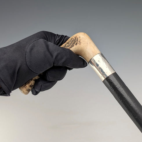 1914年 英国アンティーク ブラックシャフト L字アントラーハンドル 純銀装飾 ステッキ 杖 88cm