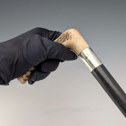 1914 British antique black shaft L-shaped antler handle pure silver decorated walking stick 88cm