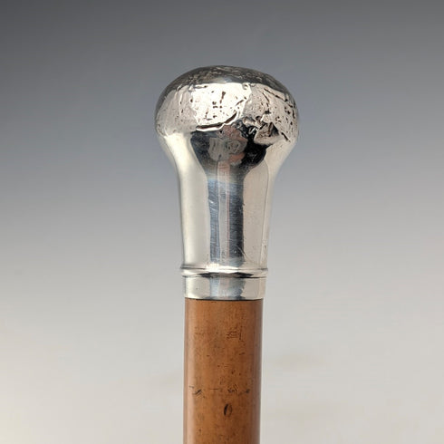 1917 British antique thick tan shaft pure silver round handle walking stick 90cm