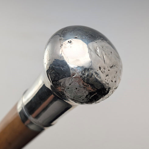 1917 British antique thick tan shaft pure silver round handle walking stick 90cm