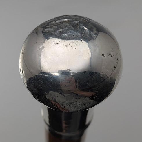 1917 British antique thick tan shaft pure silver round handle walking stick 90cm