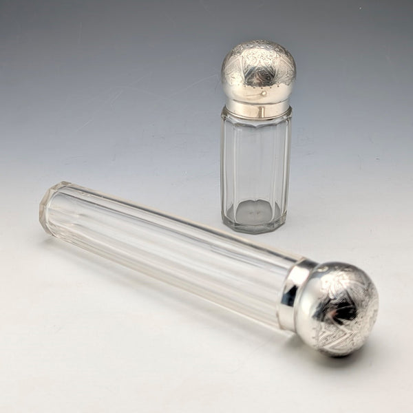 1888 British antique silver lid glass bottle pair, Army & Navy Cooperative