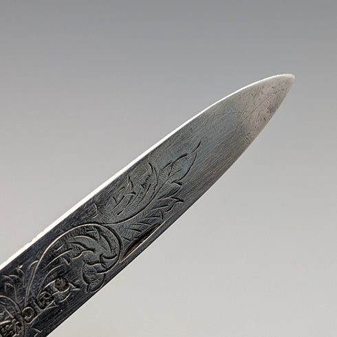 1846 British antique penknife with white mother-of-pearl handle and pure silver engraved blade by Aaron Hadfield