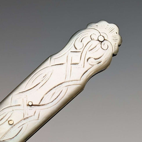 1846 British antique penknife with white mother-of-pearl handle and pure silver engraved blade by Aaron Hadfield