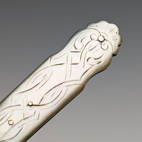 1846 British antique penknife with white mother-of-pearl handle and pure silver engraved blade by Aaron Hadfield