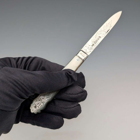 1846 British antique penknife with white mother-of-pearl handle and pure silver engraved blade by Aaron Hadfield