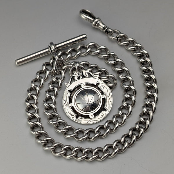 Circa 1900 British antique sterling silver Albert chain, 49g sterling silver medal fob