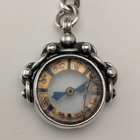 1900年頃 英国アンティーク 純銀製アルバートチェーン 37g 純銀コンパスフォブ