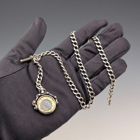 1900年頃 英国アンティーク 純銀製アルバートチェーン 37g 純銀コンパスフォブ